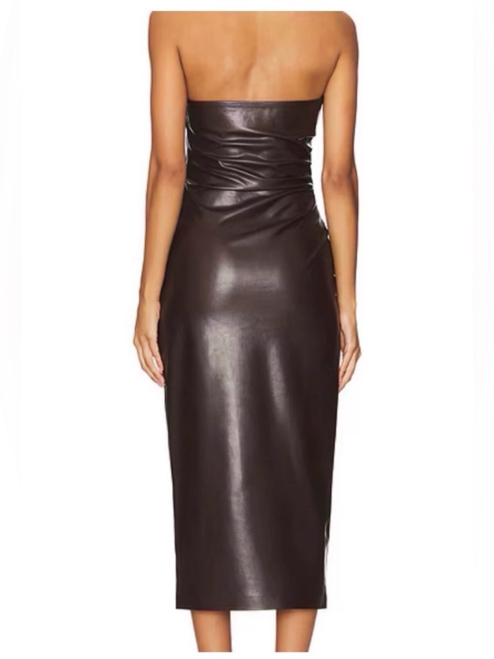 Sleeveless Brown Faux-Leather Wrap Midi Dress - Picture 2 of 5